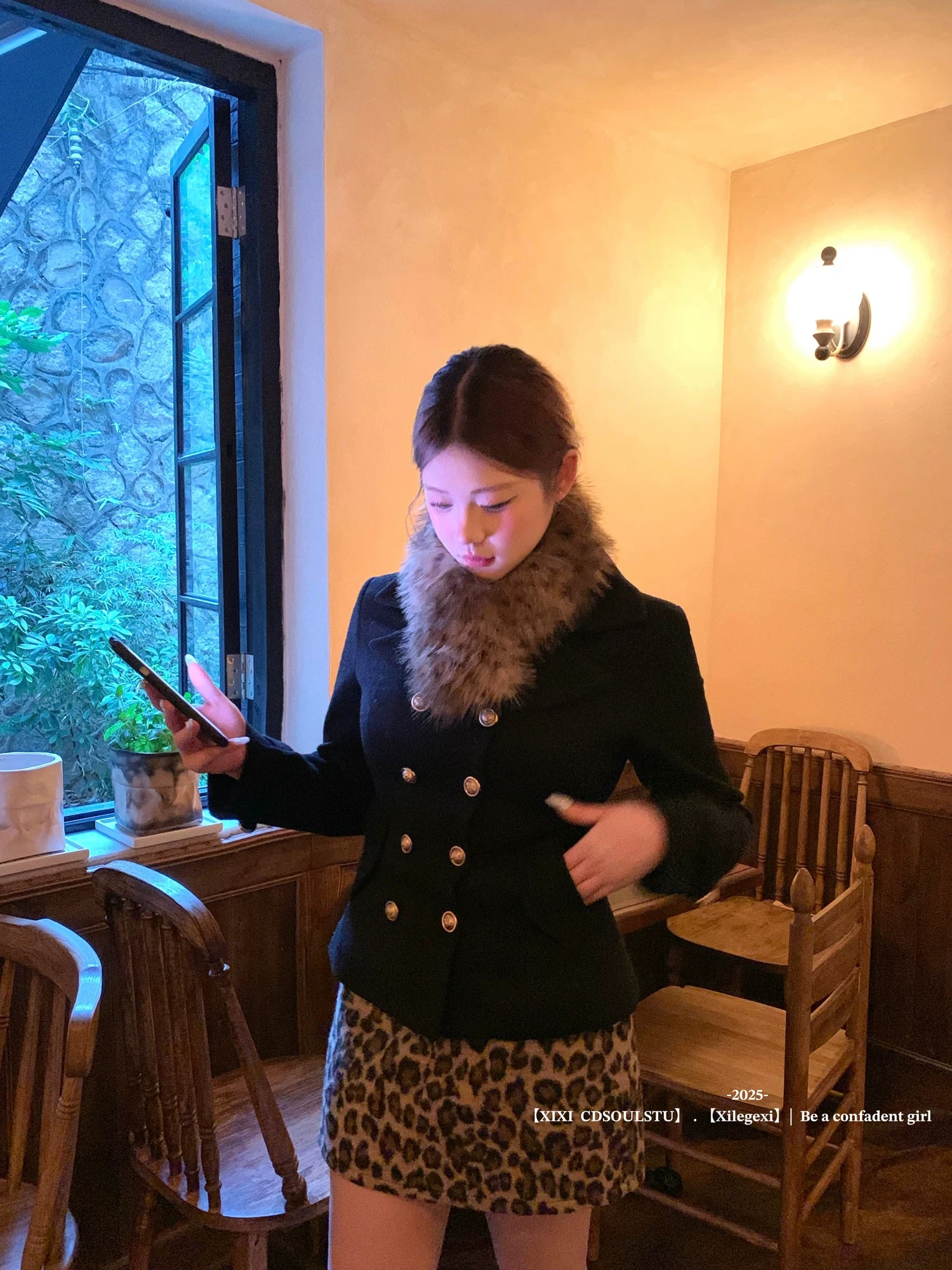 French vintage suit women's fur collar jacket  leopard print skirt FE0455