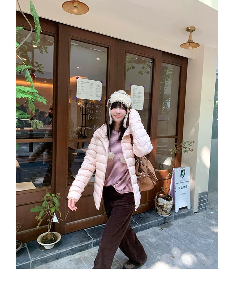Pink hooded down jacket f0418