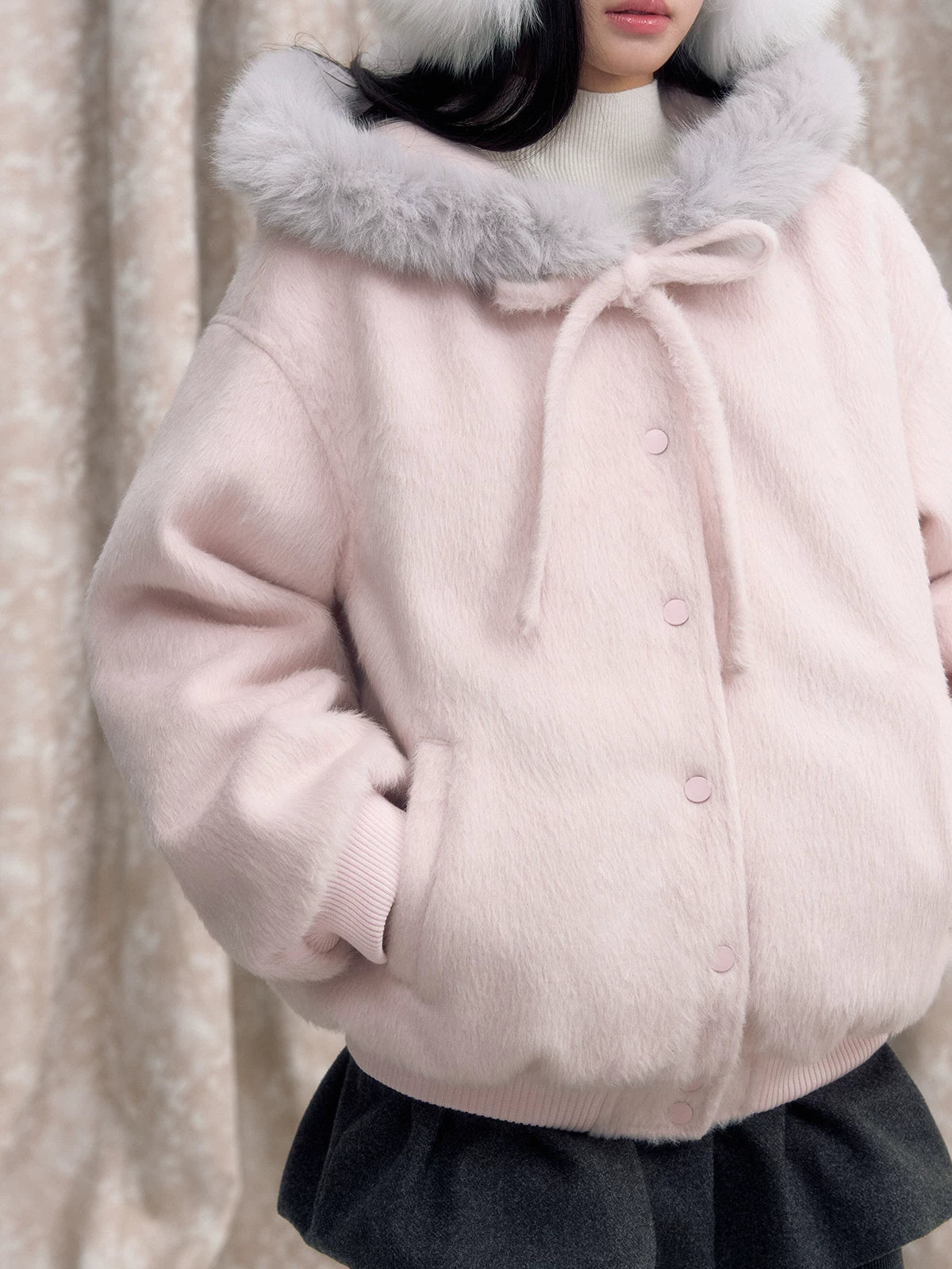 Pink bow hooded fluffy thickened baseball jersey f0270
