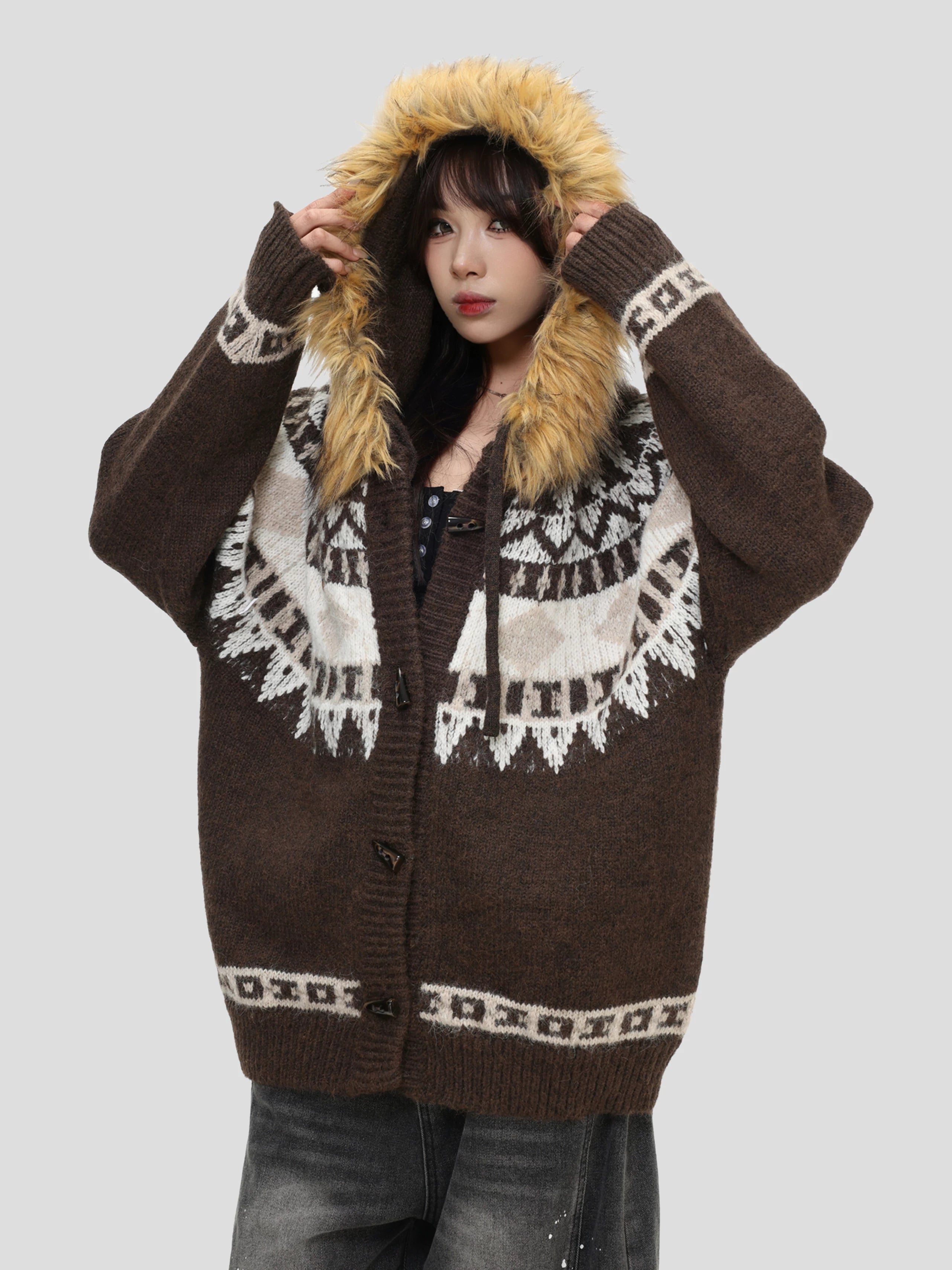Removable fur collar fair island sweater f0419