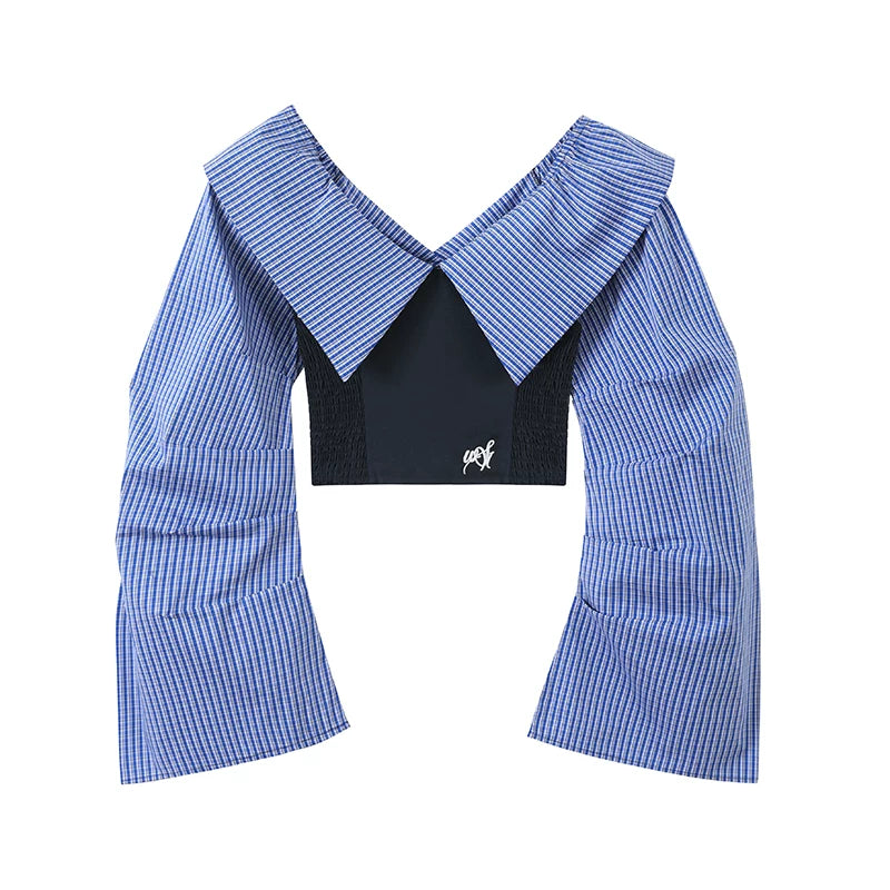 Shoulder striped shirt + wide-leg slacks f0452