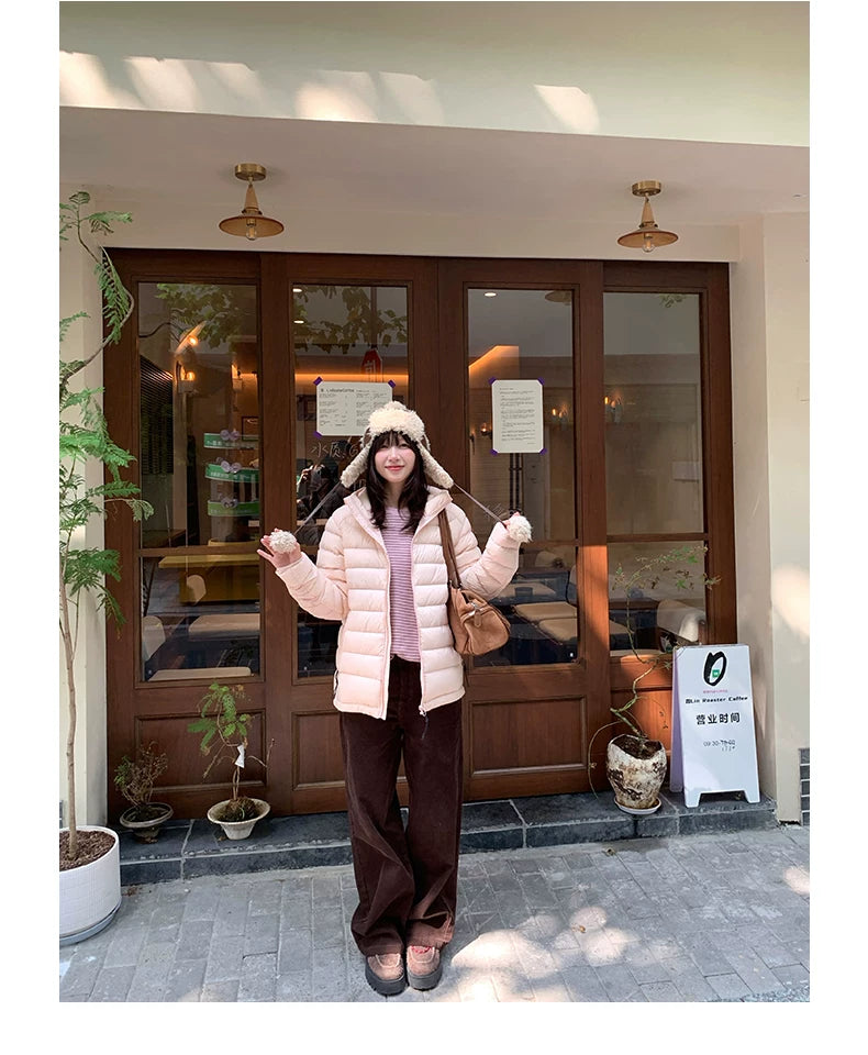 Pink hooded down jacket f0418