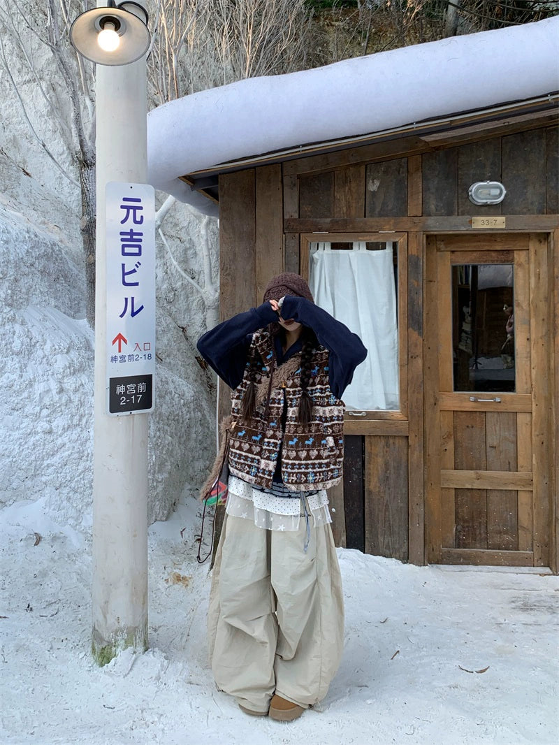 Vintage lamb wool short stand-up collar pattern vest f0279