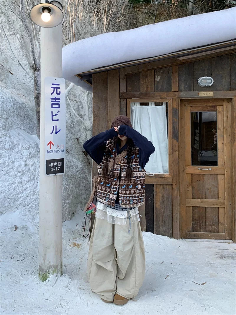 Vintage lamb wool short stand-up collar pattern vest f0279