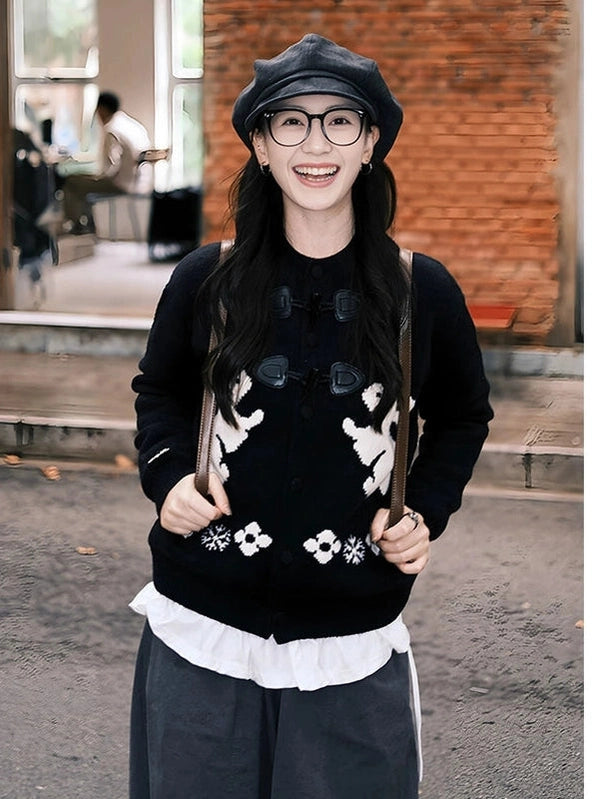 Black retro horn buckle knitted cardigan f0273