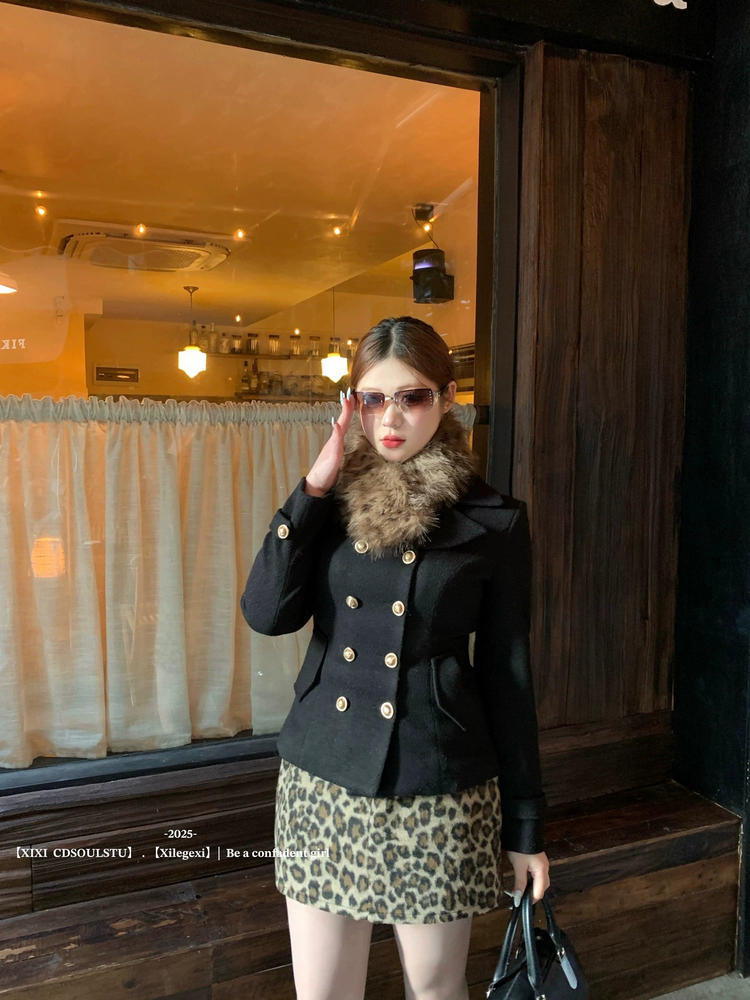 French vintage suit women's fur collar jacket  leopard print skirt FE0455