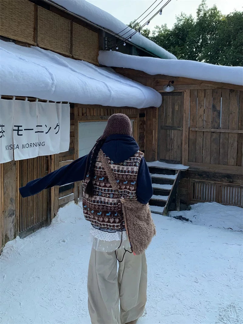 Vintage lamb wool short stand-up collar pattern vest f0279