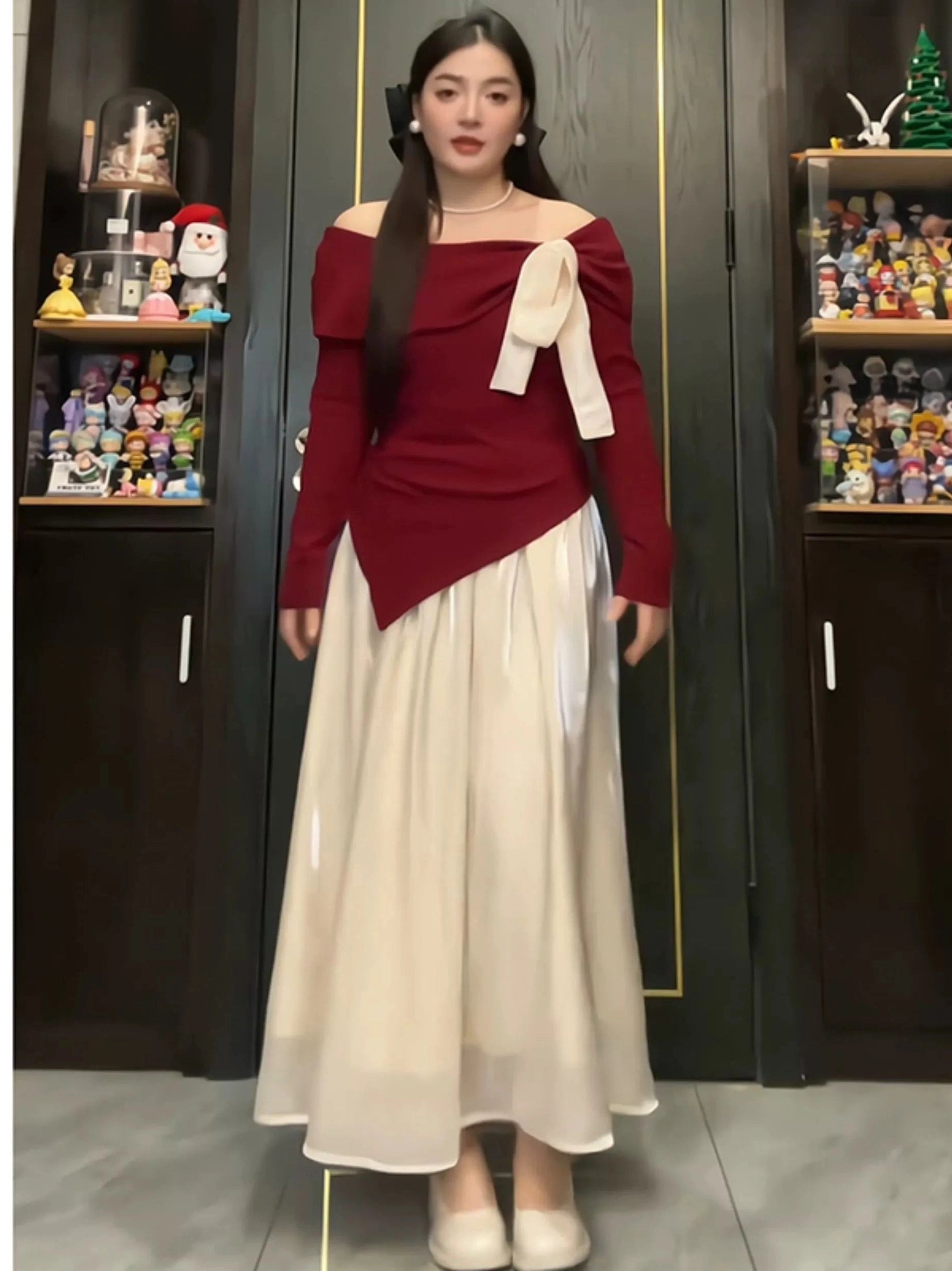 One-word shoulder bow knitted top C0223