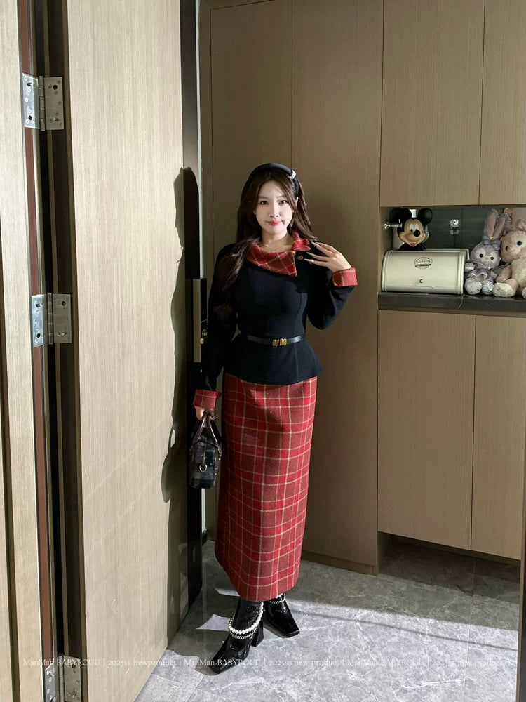 French temperament women's plaid splicing set FE0517