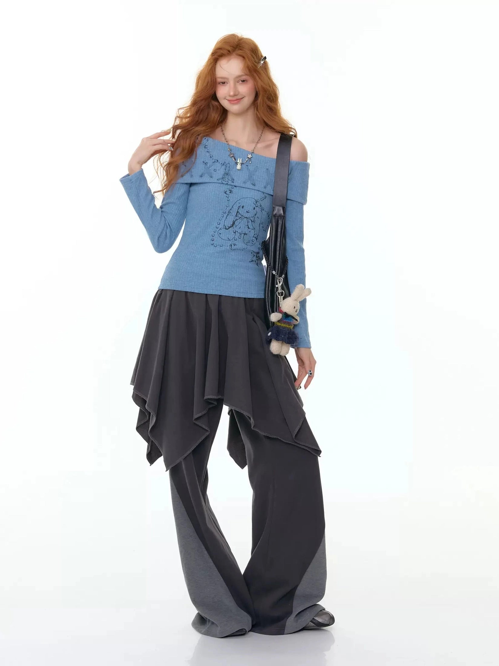 Bunny-Print Off-Shoulder Long Sleeve Top f0356