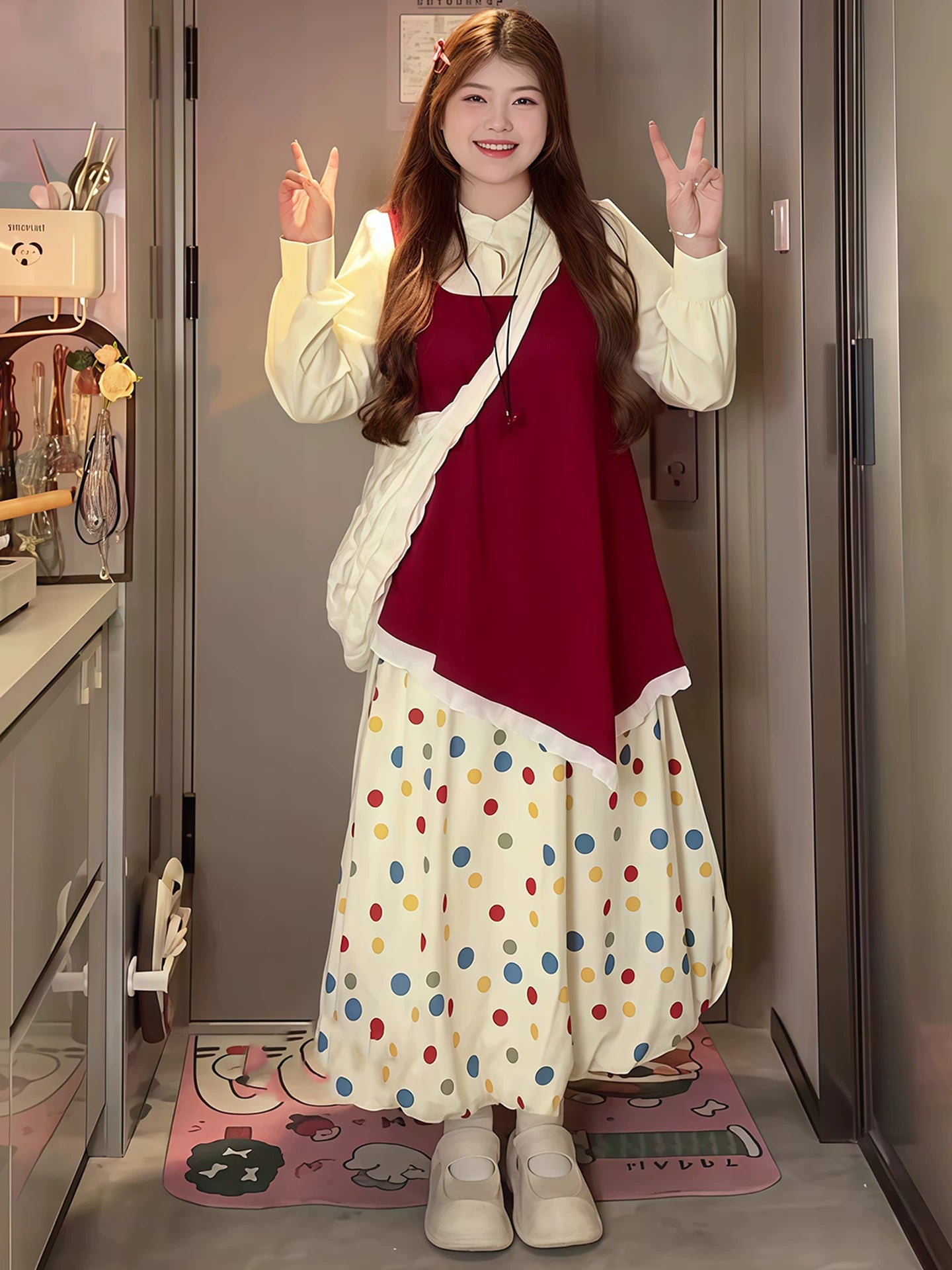 Polka dot skirt set three-piece set f0280