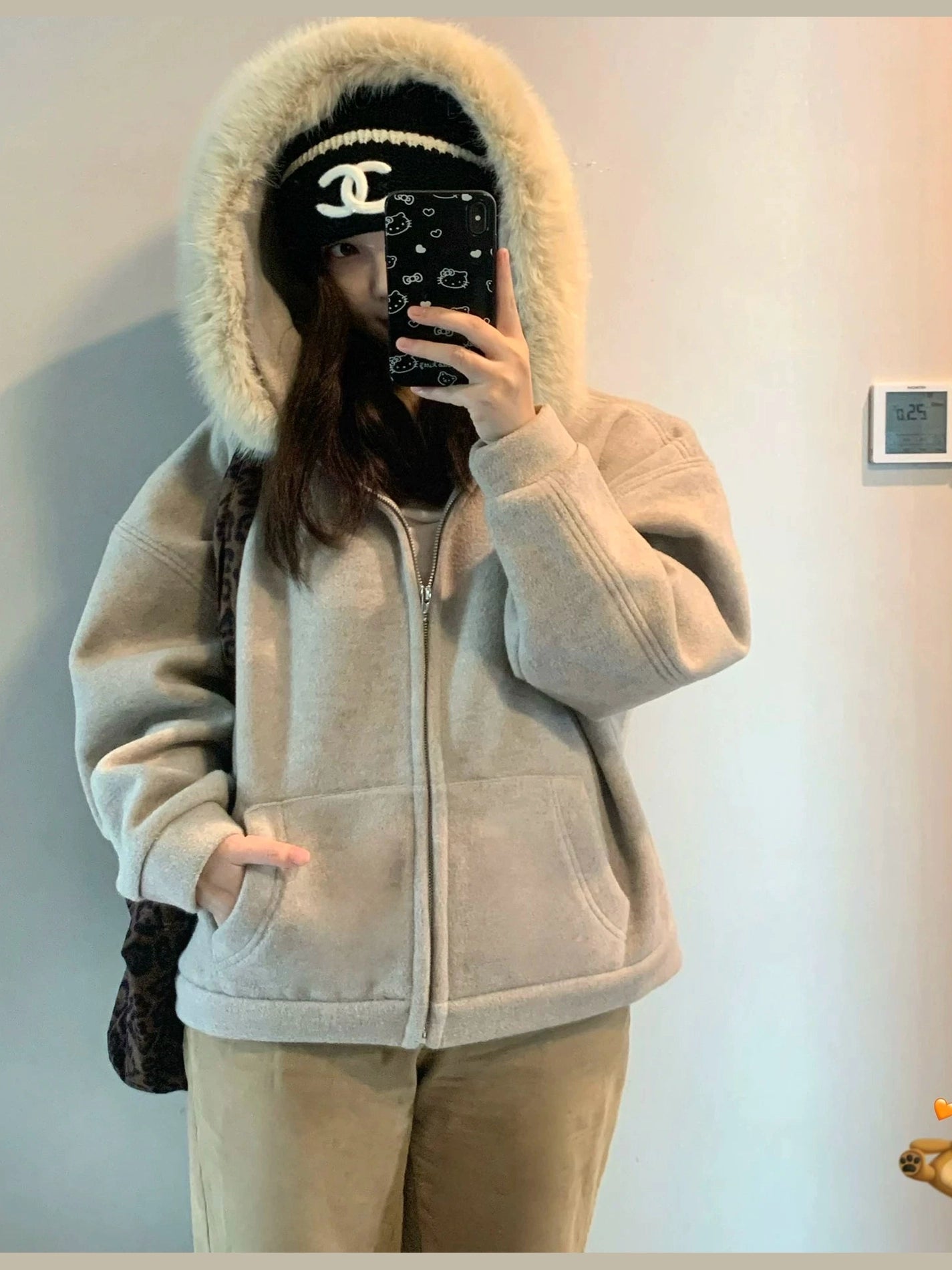 Sweet vintage fur collar hooded thickened coat f0269