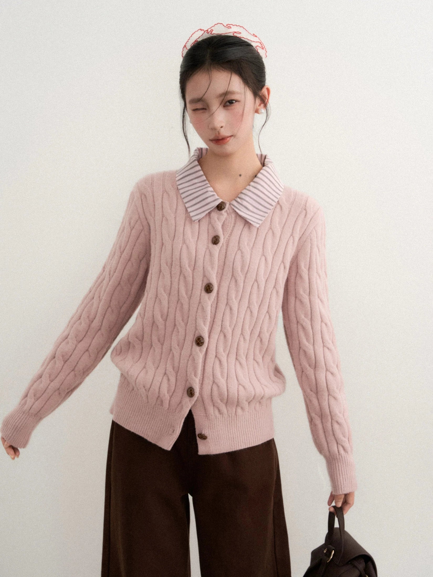 Pink polo neck long-sleeved knitted sweater f0309