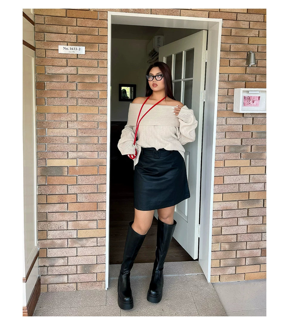 Black high waist hip leather skirt FE0450