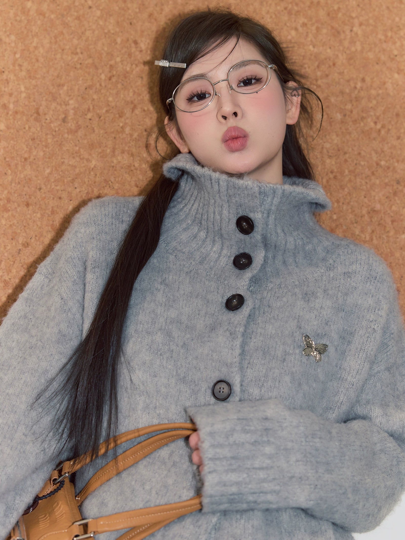 Grey lapel button-down sweater C0226