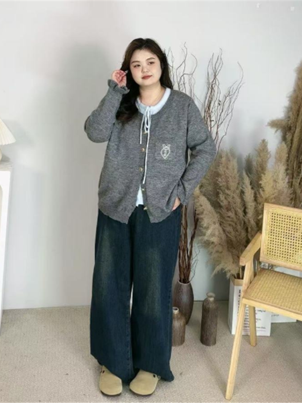 Crew neck fake two-piece knitted sweater f0288