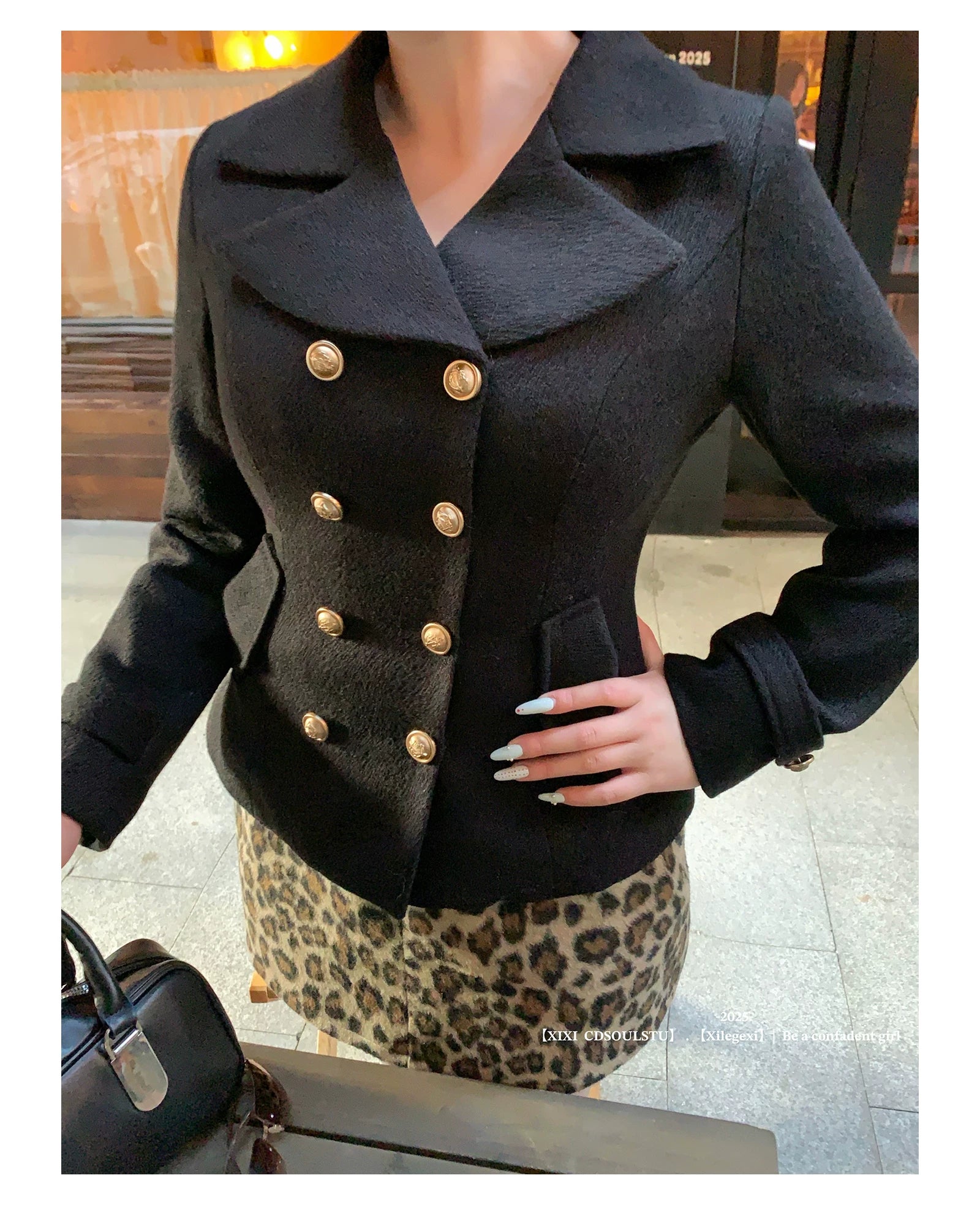 French vintage suit women's fur collar jacket  leopard print skirt FE0455