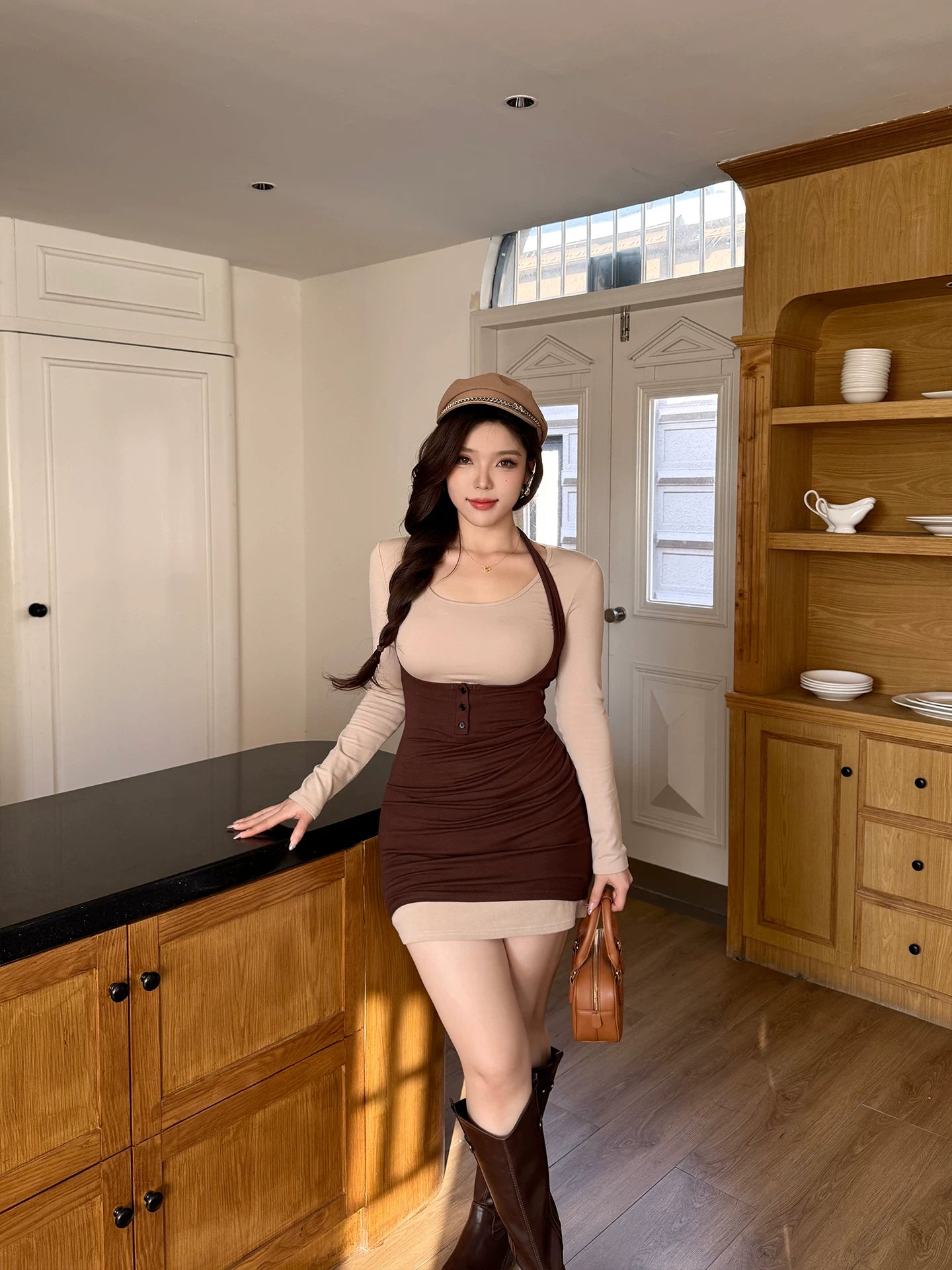 Spice girls sexy fake two-piece long-sleeved dress FE0514