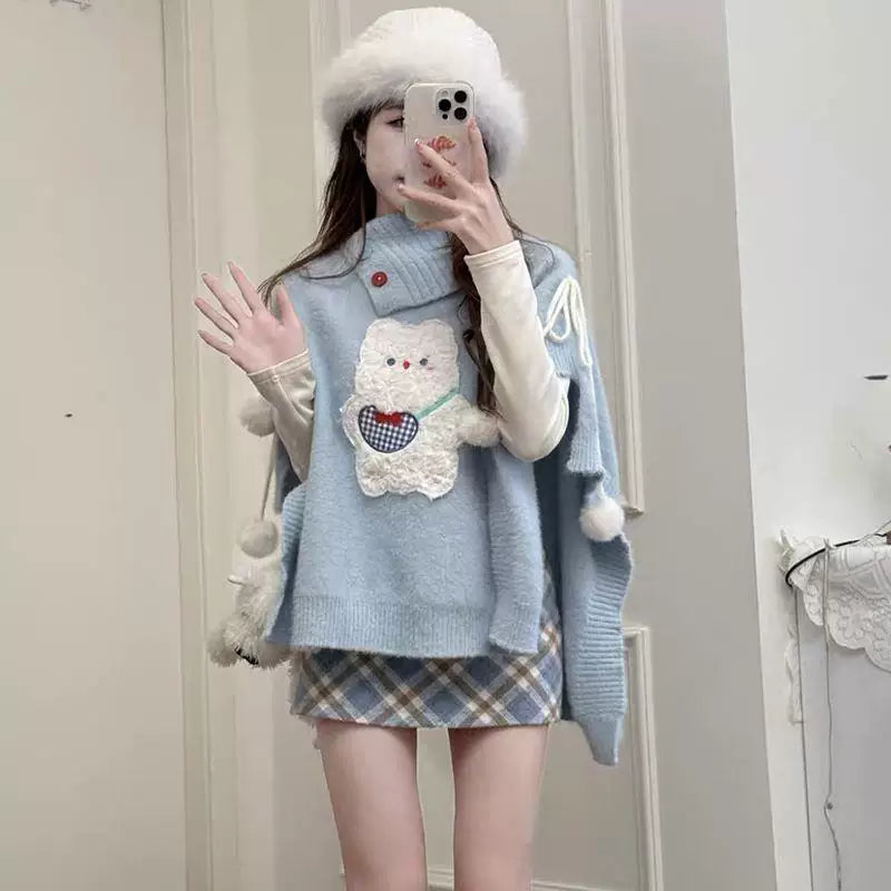 Knitted sweater cape jacket skirt three-piece set FE0516