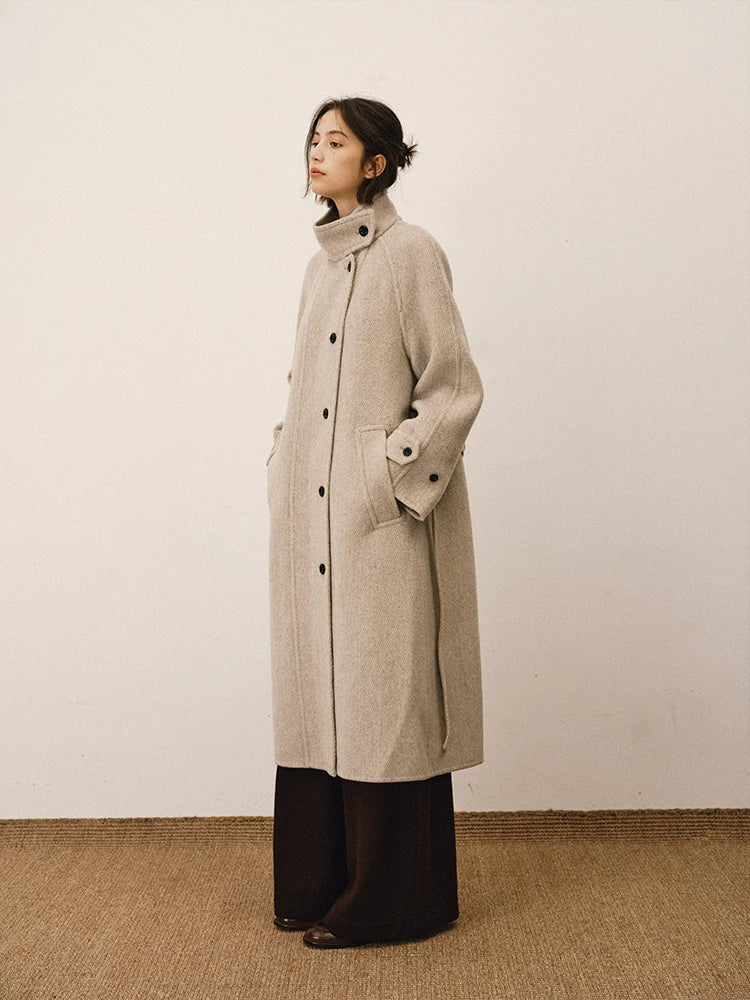 French wool stand-up neck belt long woolen coat f0261