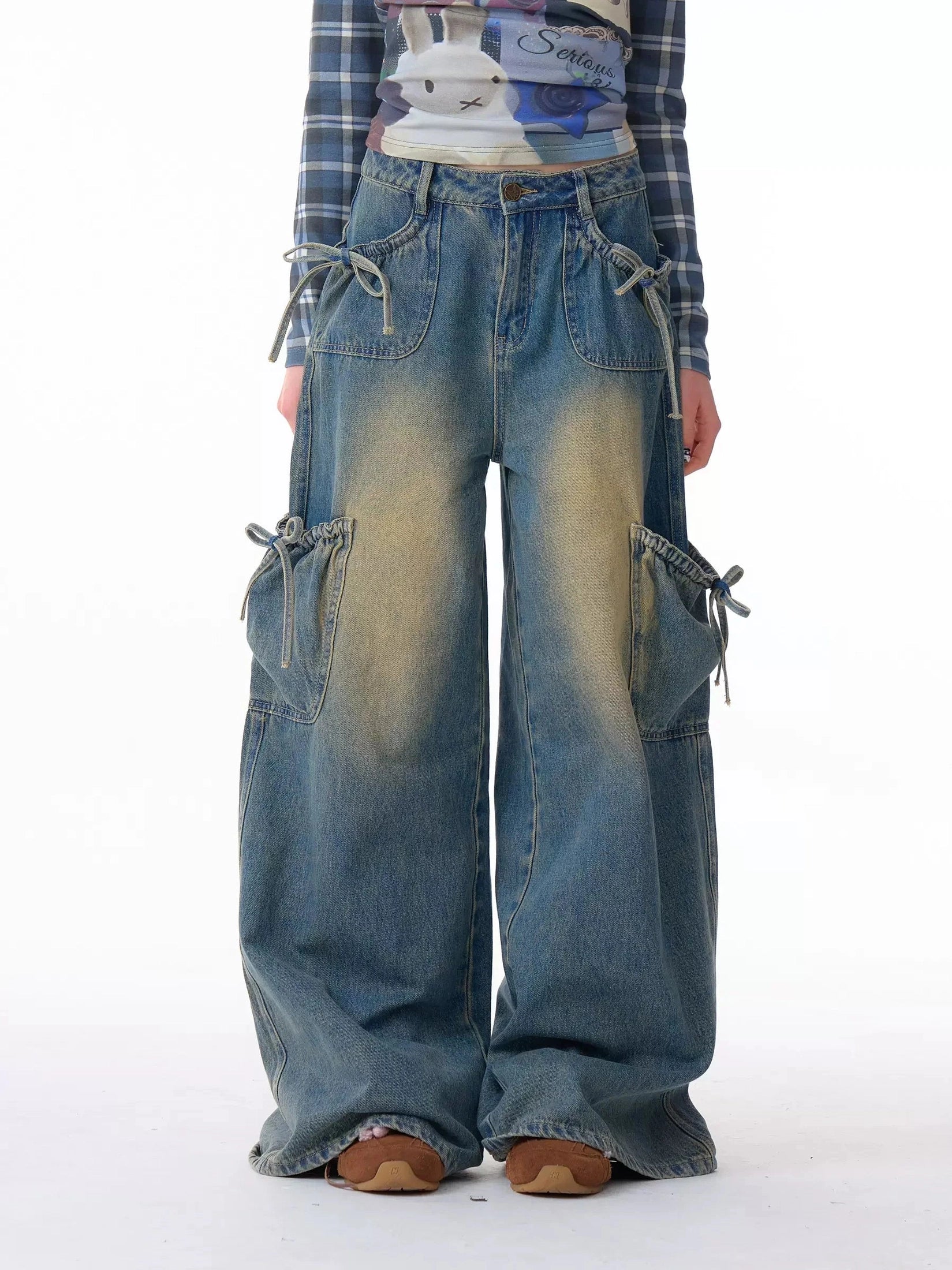 Ribbon-Tie High-Waist Wide-Leg Jeans  f0403