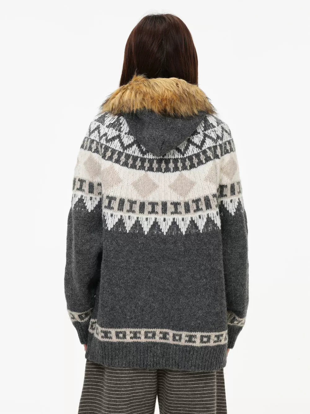 Removable fur collar fair island sweater f0419