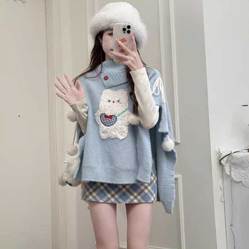 Knitted sweater cape jacket skirt three-piece set FE0516