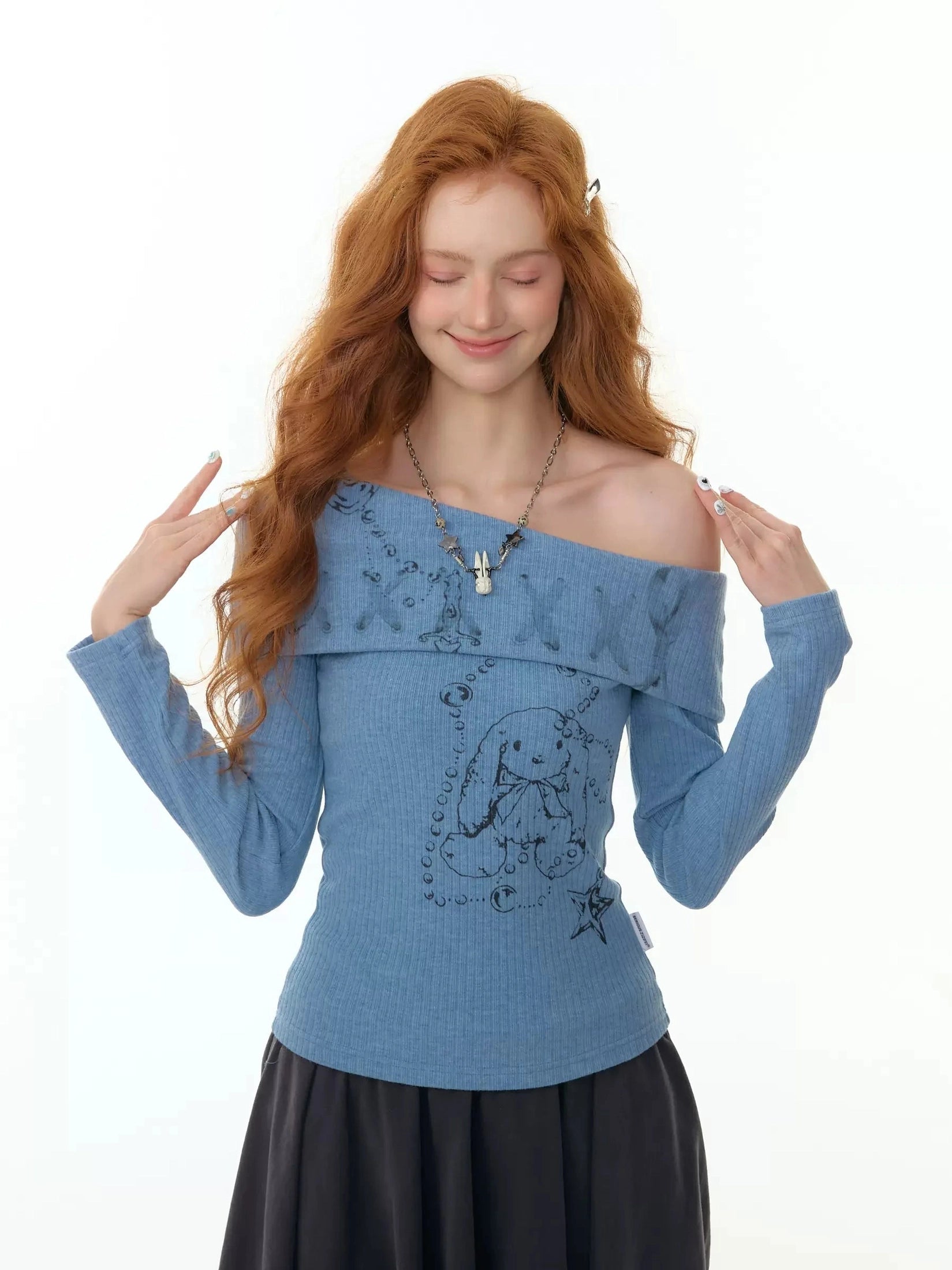 Bunny-Print Off-Shoulder Long Sleeve Top f0356