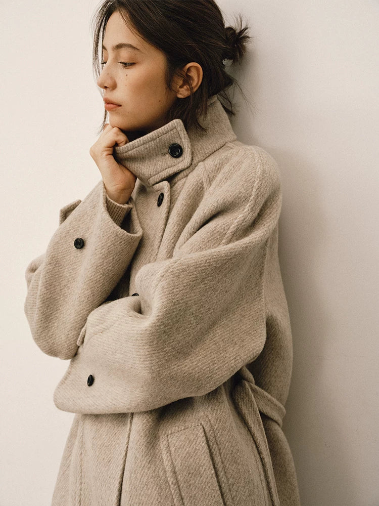 French wool stand-up neck belt long woolen coat f0261