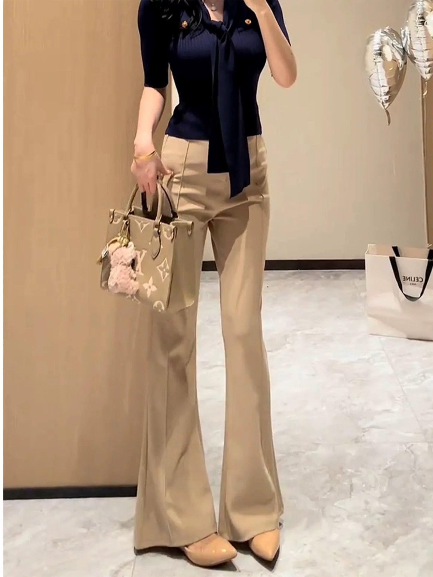 Khaki slightly stretched wide-leg pants fe0520