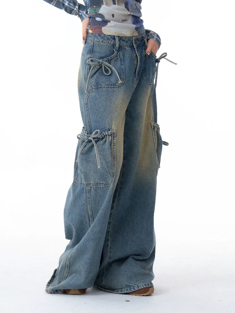 Ribbon-Tie High-Waist Wide-Leg Jeans  f0403