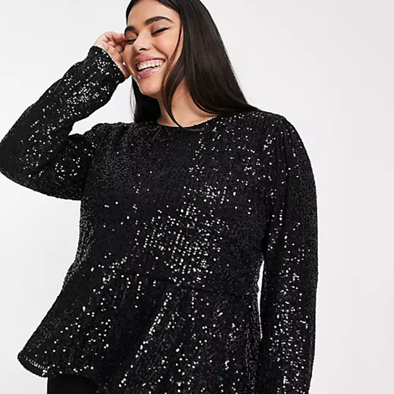 Sequin Belly Cover Lotus Leaf Long Sleeve T-Shirt F0437