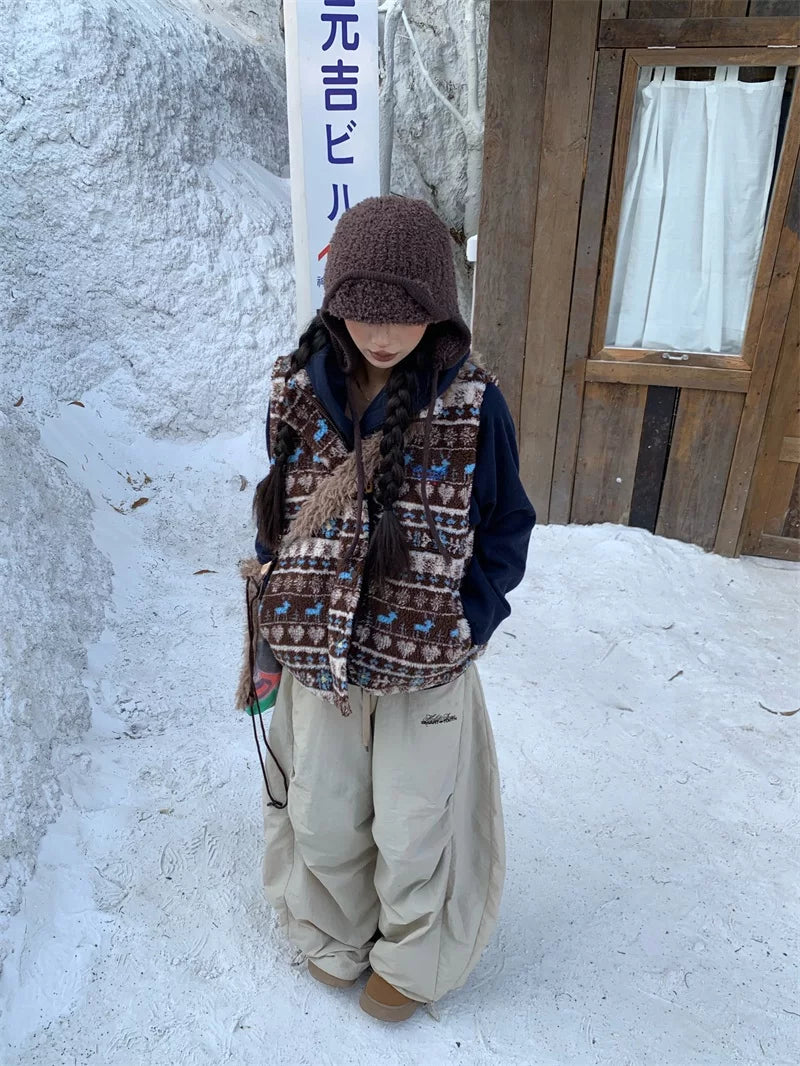 Vintage lamb wool short stand-up collar pattern vest f0279