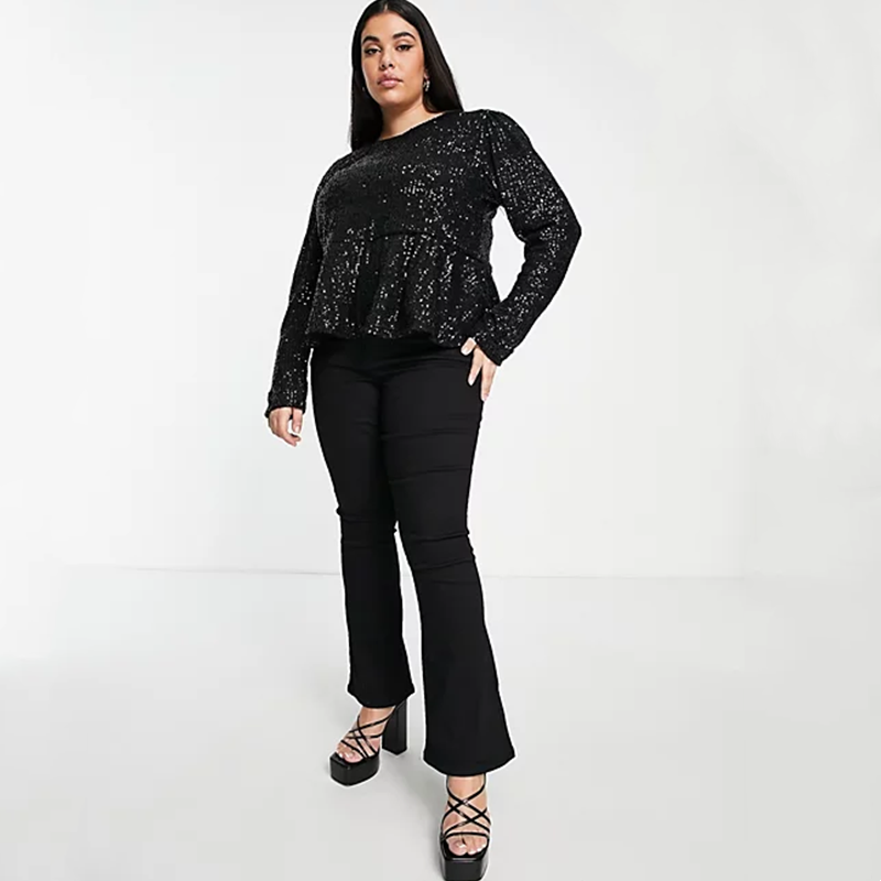 Sequin Belly Cover Lotus Leaf Long Sleeve T-Shirt F0437