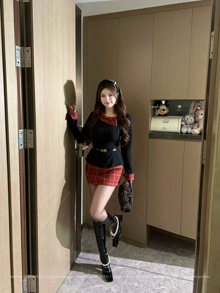 French temperament women's plaid splicing set FE0517