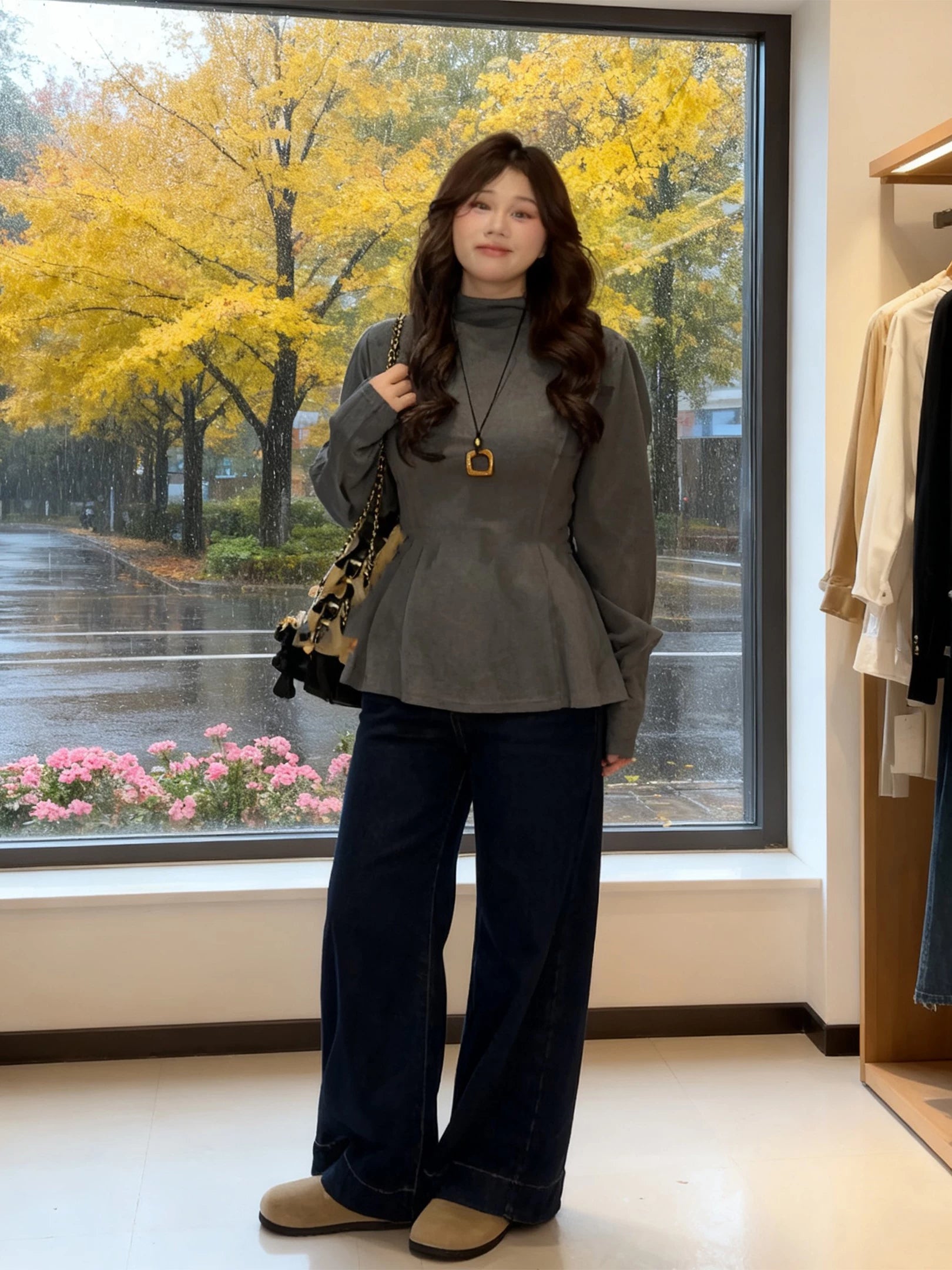 Grey half turtleneck long-sleeved t-shirt with f0286 inside