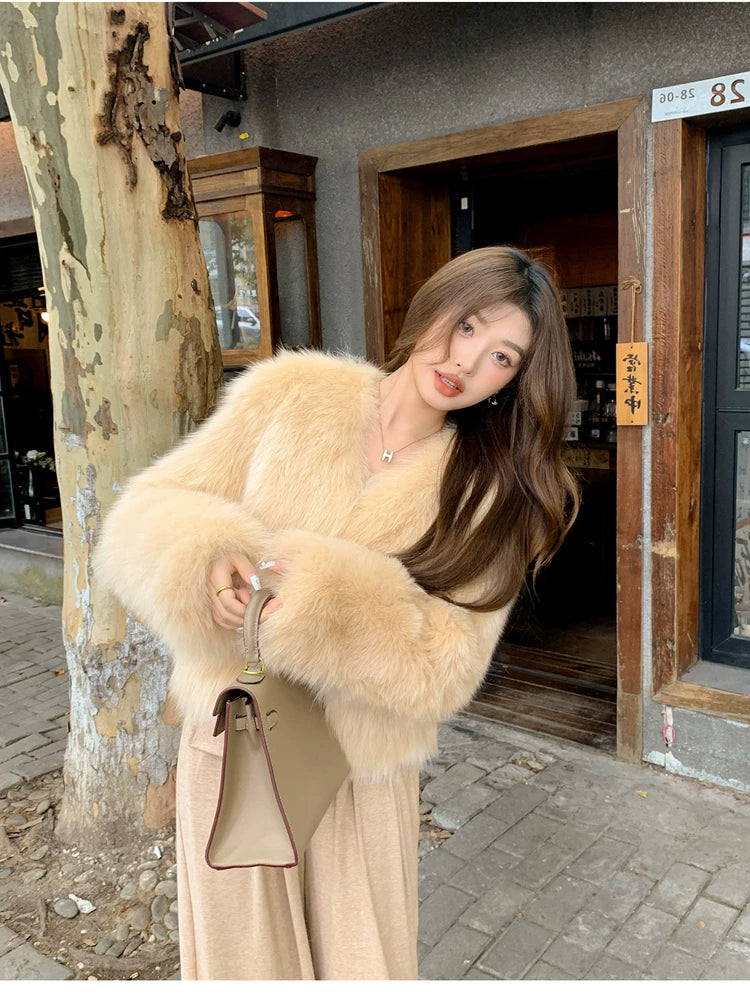 Short V-neck eco-friendly fur fox fur jacket f0305
