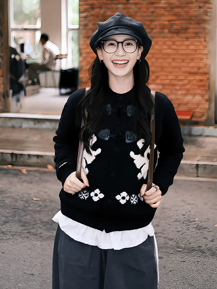 Black retro horn buckle knitted cardigan f0273