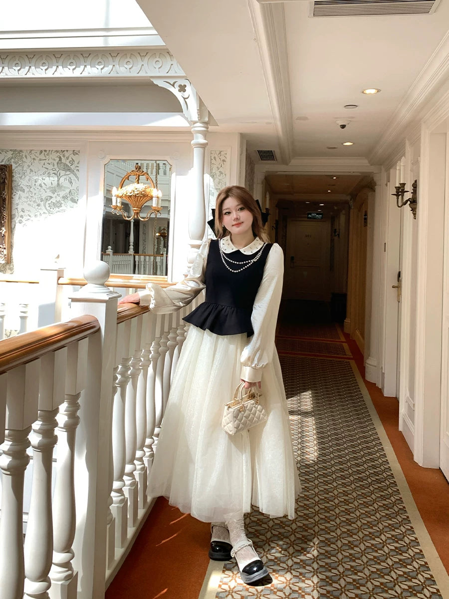 Qianjin wind contrasting color mesh dress FE0490