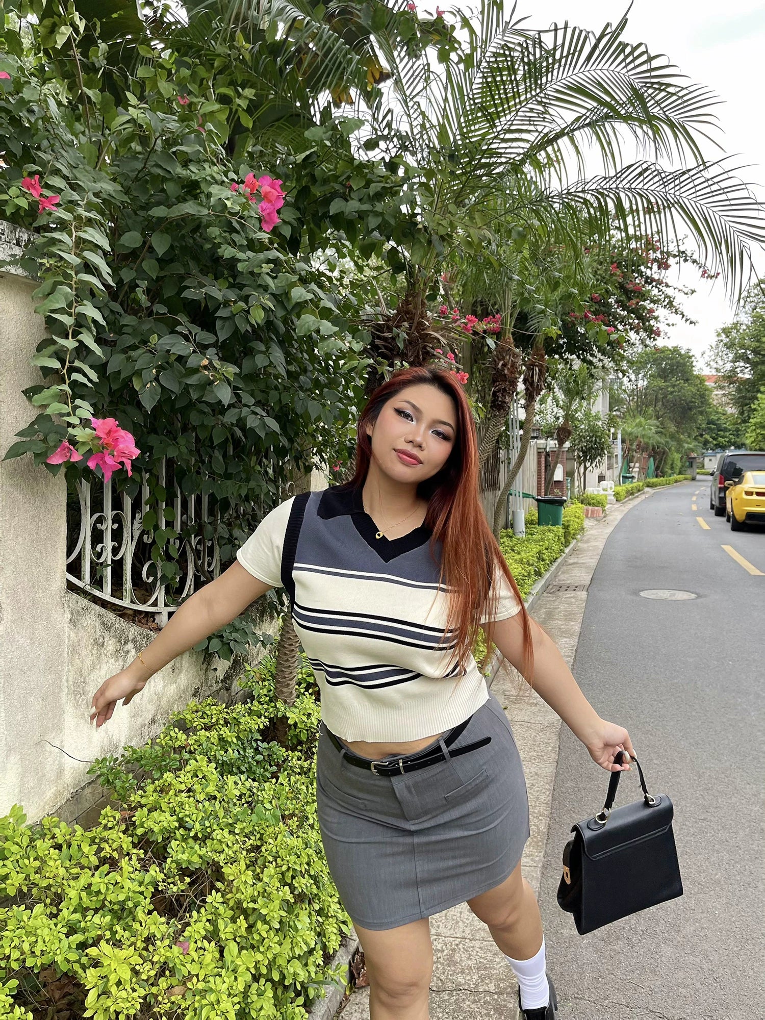 Grey short sleeve  a word high waist hip skirt FE0494