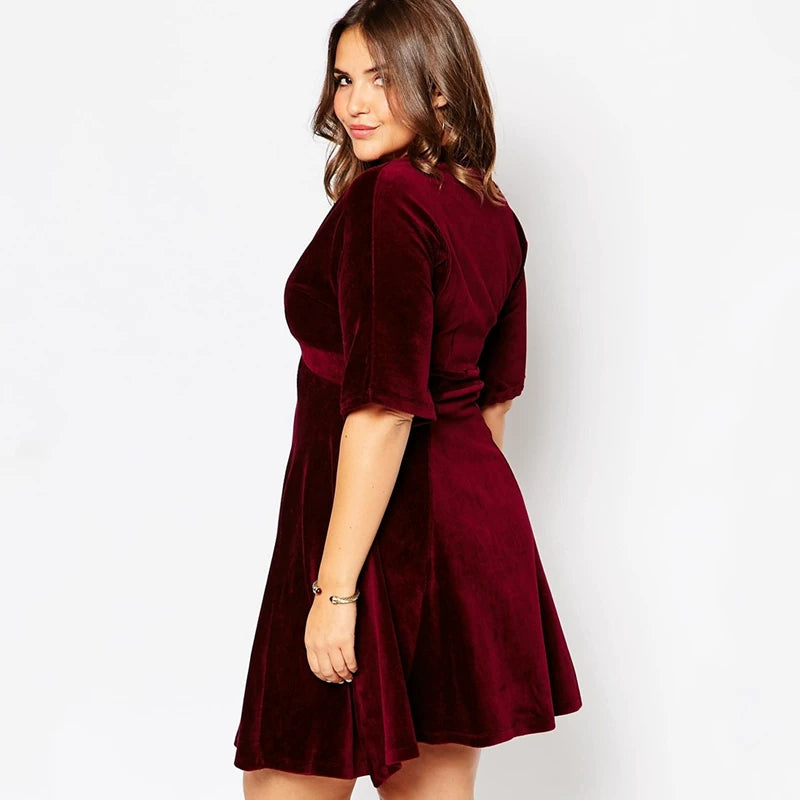 Burgundy Velvet Deep V Short Sleeve Dress F0425