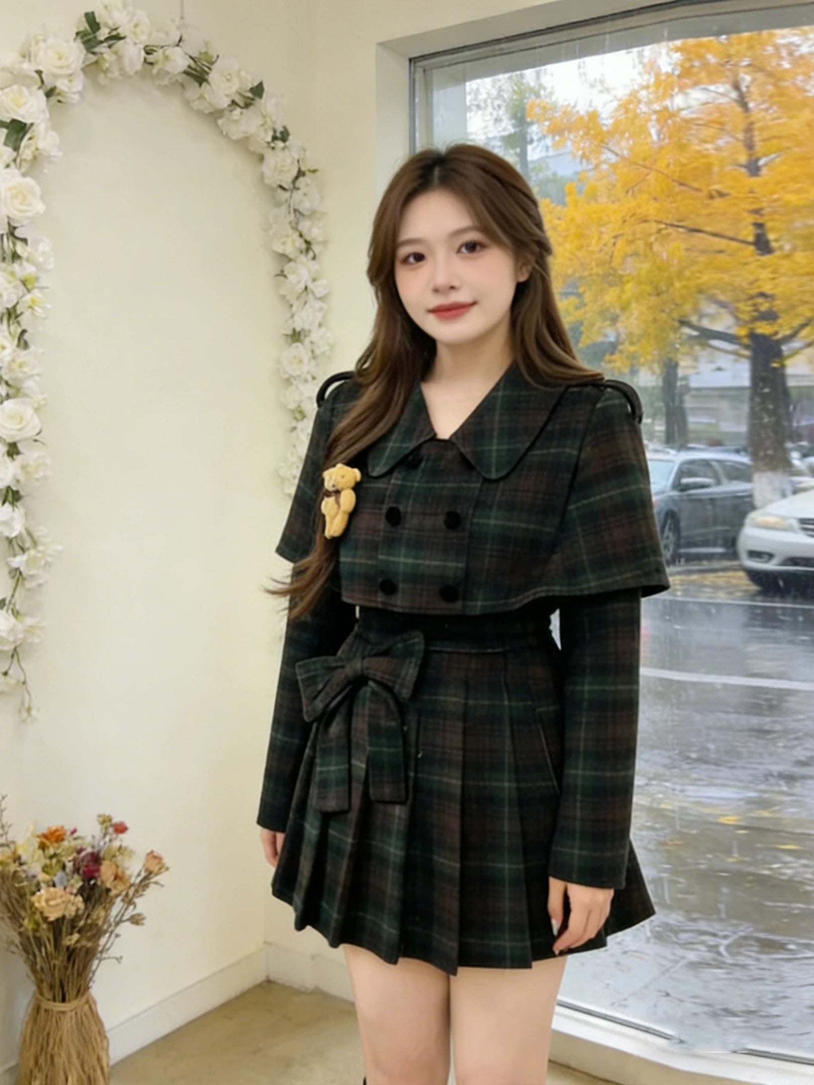 Large size retro plaid cape + pleated skirt two-piece set f0415