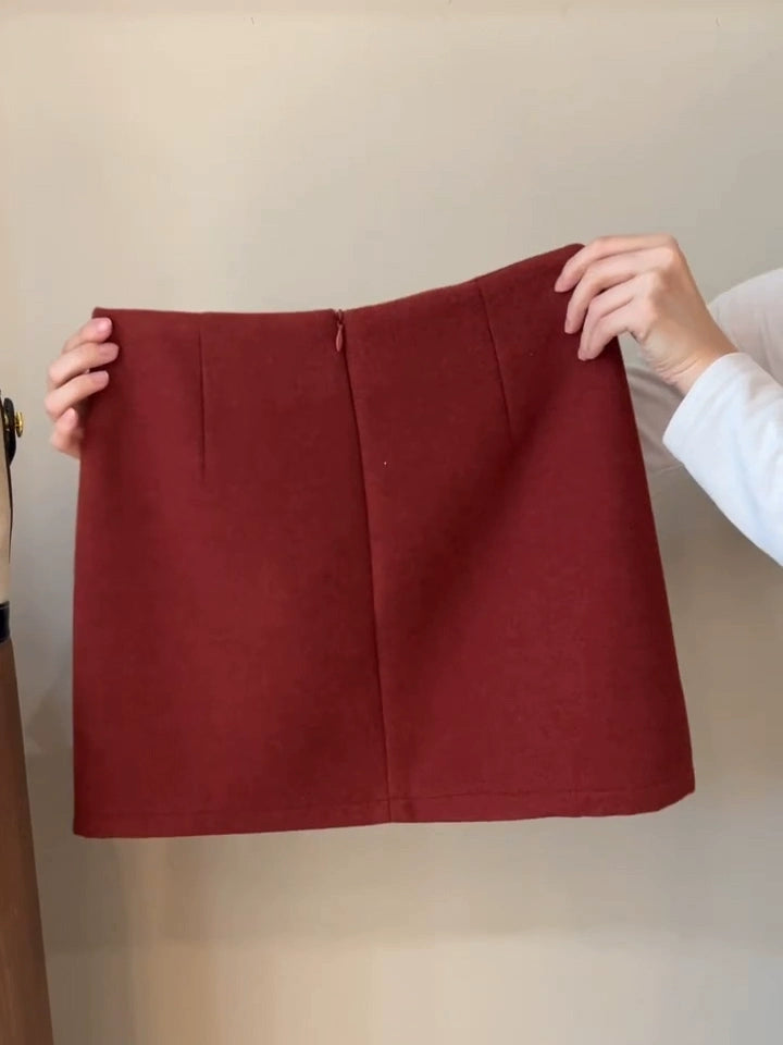 Red woolen A-line hip-hugging skirt C0220