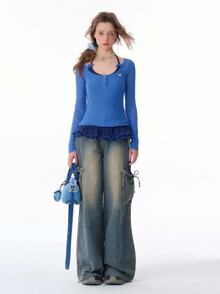 Ribbon-Tie High-Waist Wide-Leg Jeans  f0403