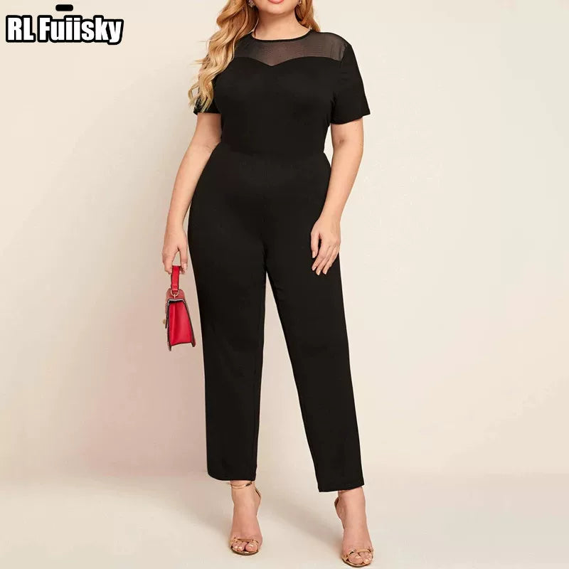 Mesh stitching V-neck black short-sleeved onesie F0439