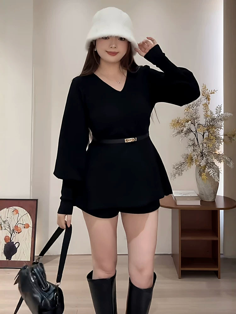 V-neck waist lantern sleeve knitted sweater FE0513