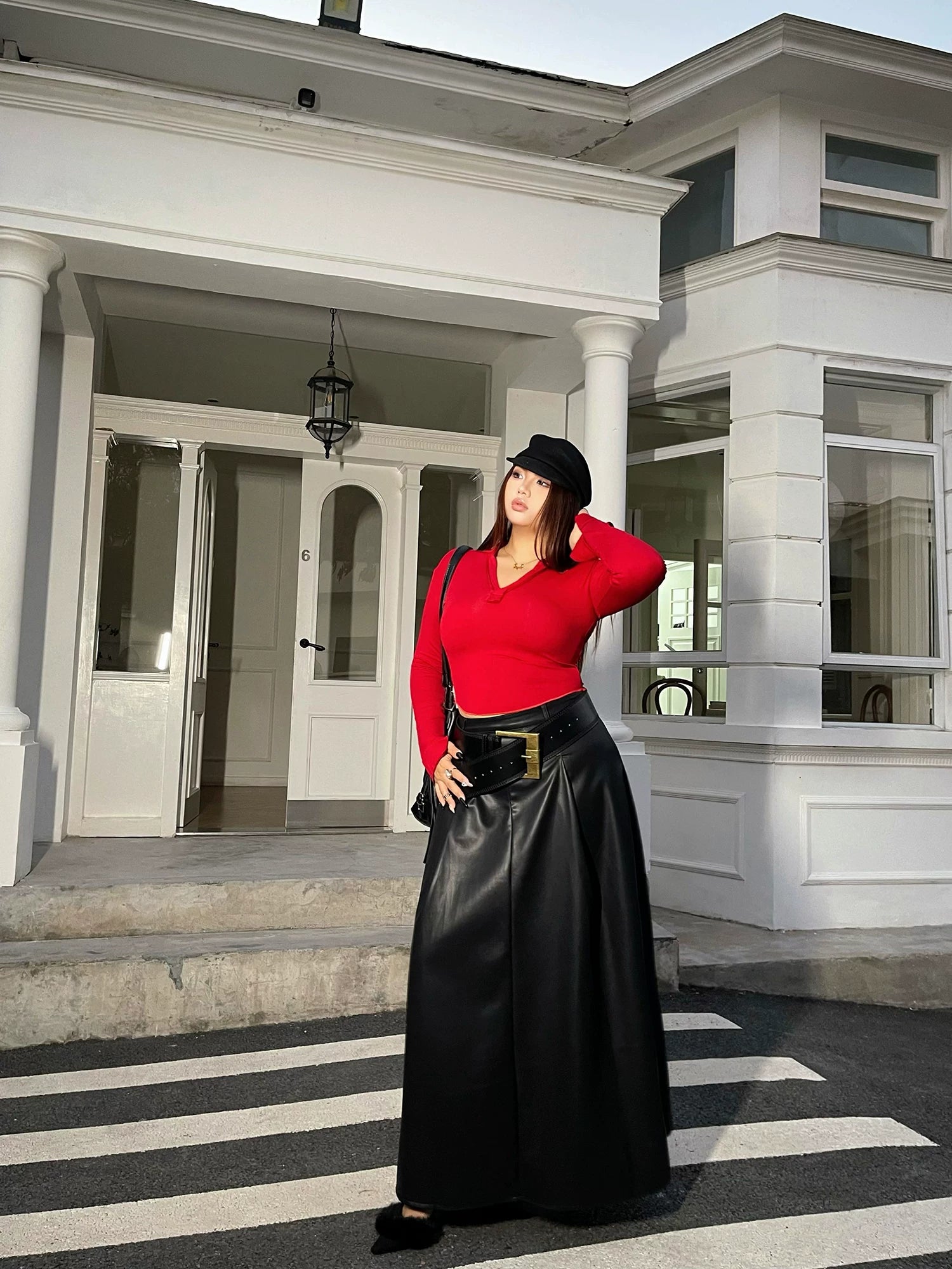 Black high waist A word PU leather skirt FE0497