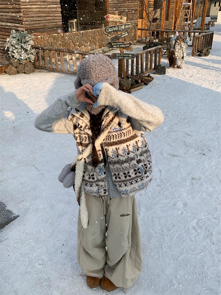 Vintage lamb wool short stand-up collar pattern vest f0279