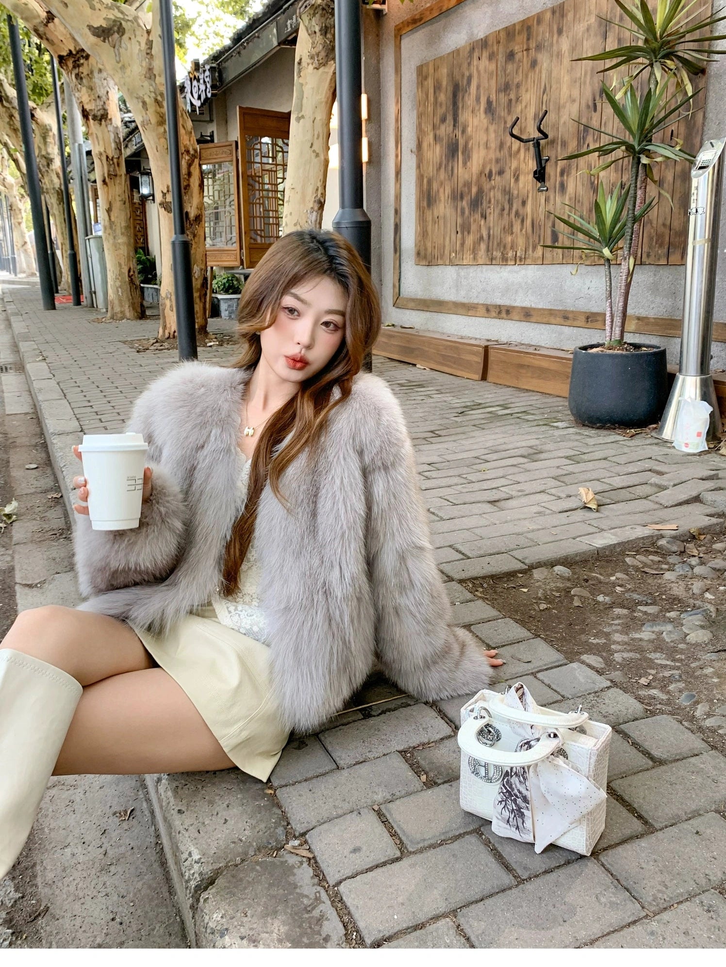 Short V-neck eco-friendly fur fox fur jacket f0305