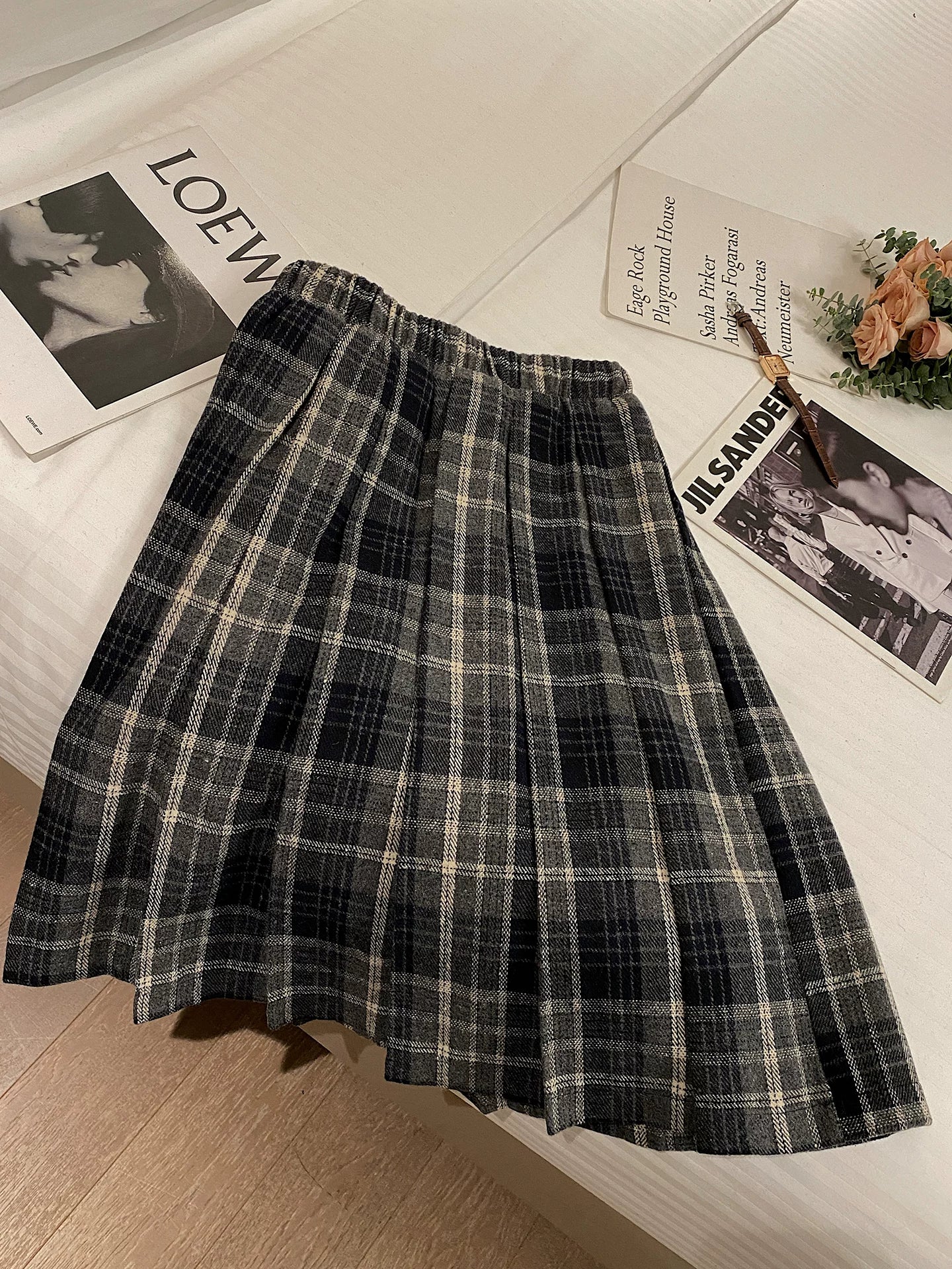 Vintage woolen plaid pleated skirt fe0287